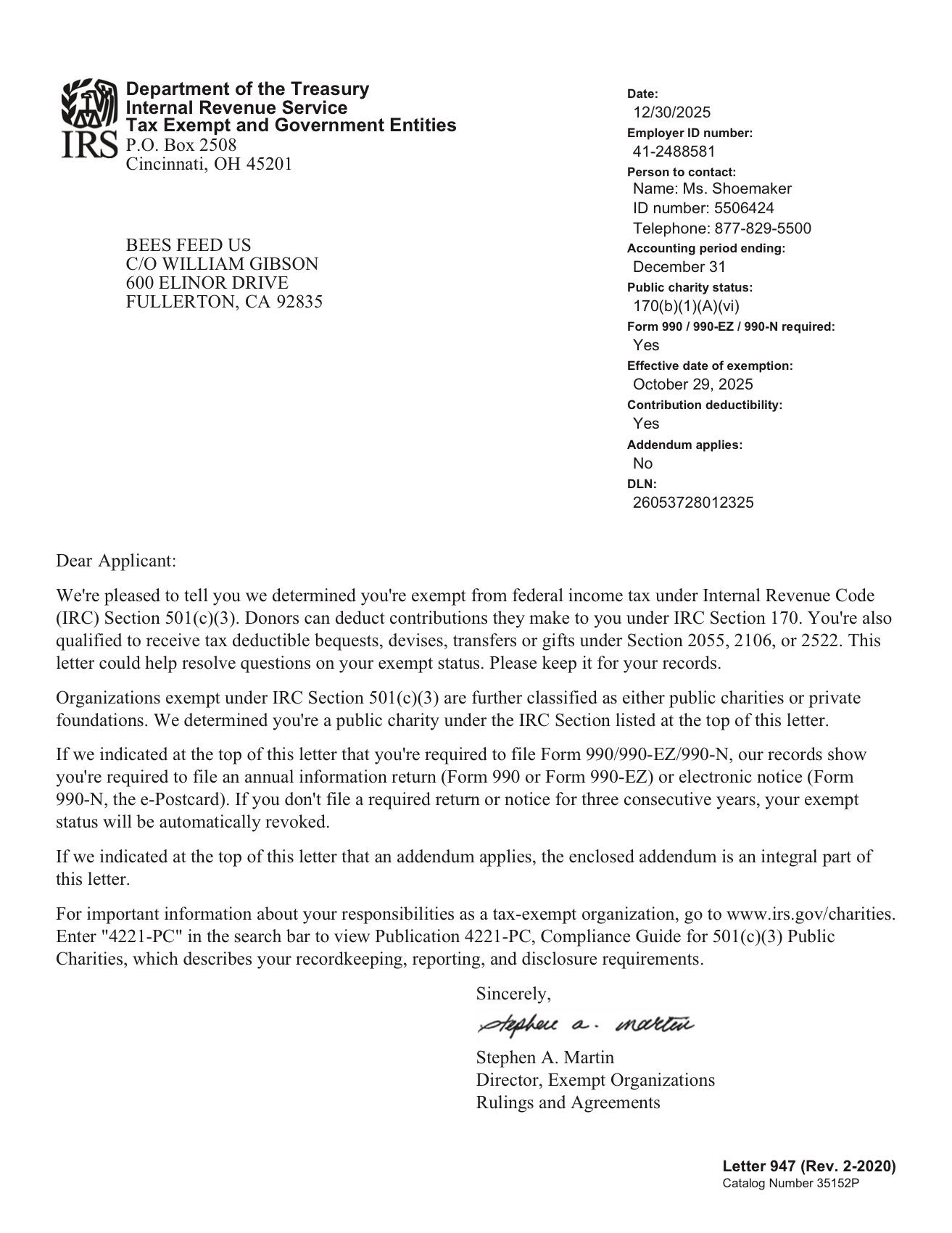 IRS 501(c)(3) determination letter for Bees Feed US, dated December 30, 2025, EIN 41-2488581